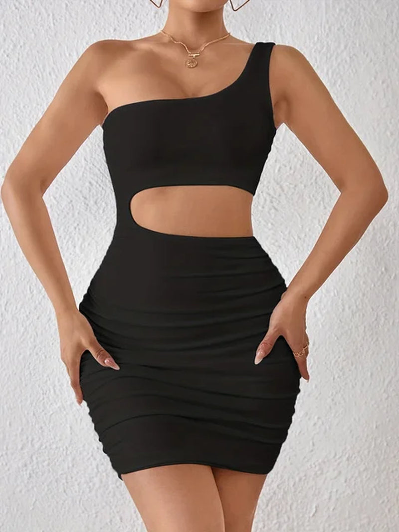 Sexy Short Skirt Single Shoulder Sleeveless Hollow Out Tight Fitting Hip Wrapped Short Skirt Dress Women'S Clothing