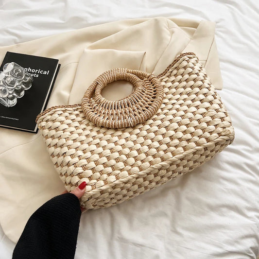 Boho Straw Bag Women Summer Handbag Half Moon Shape Rattan Woven Shopper Bag Large Capacity Beach Bag Vacation Tote Bag Female