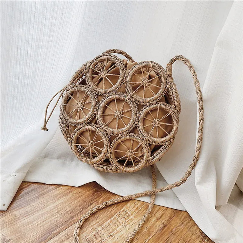 Fashion Rattan Hollow round Straw Bags Wicker Woven Women Handbags Summer Beach Shoulder Crossbody Bags Casual Lady Bali Purses