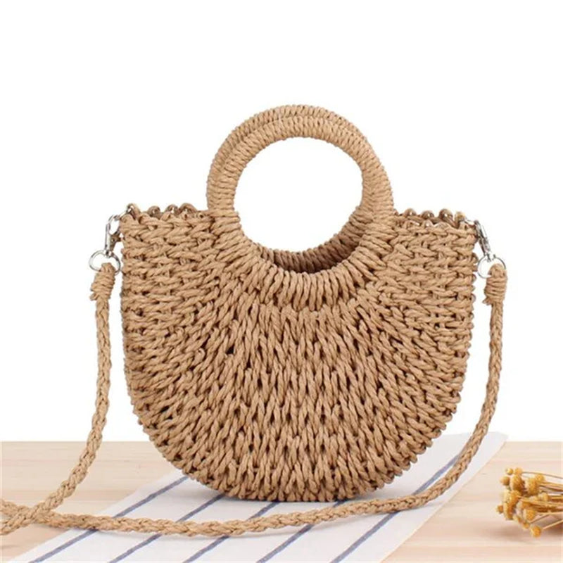 Handmade Half-Round Rattan Woven Straw Bag Summer Women Messenger Crossbody Bags Girls Small Beach Handbag New