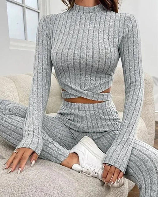 Women Two Piece Sets Pant Set Splice round Neck Full Sleeve Short Tops Solid Elastic Waist Sheath Long Pants Slim Fit 2024